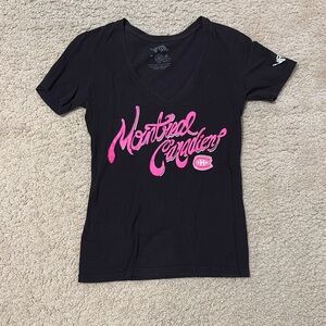 Black V-Neck T-Shirt with Pink Montreal Canadiens Logo
